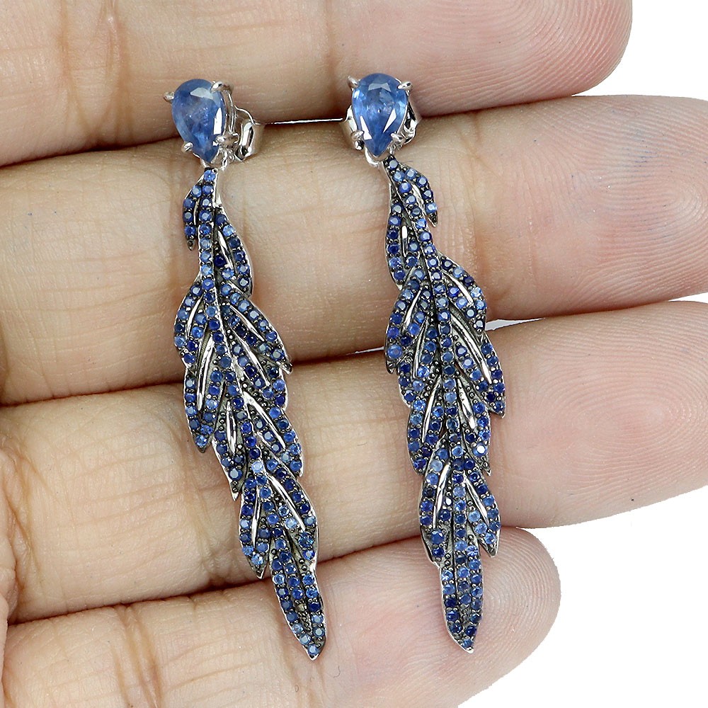 925 Sterling Silver Earrings Blue Sapphire Round Diamond Cut Gemstone Jewelry