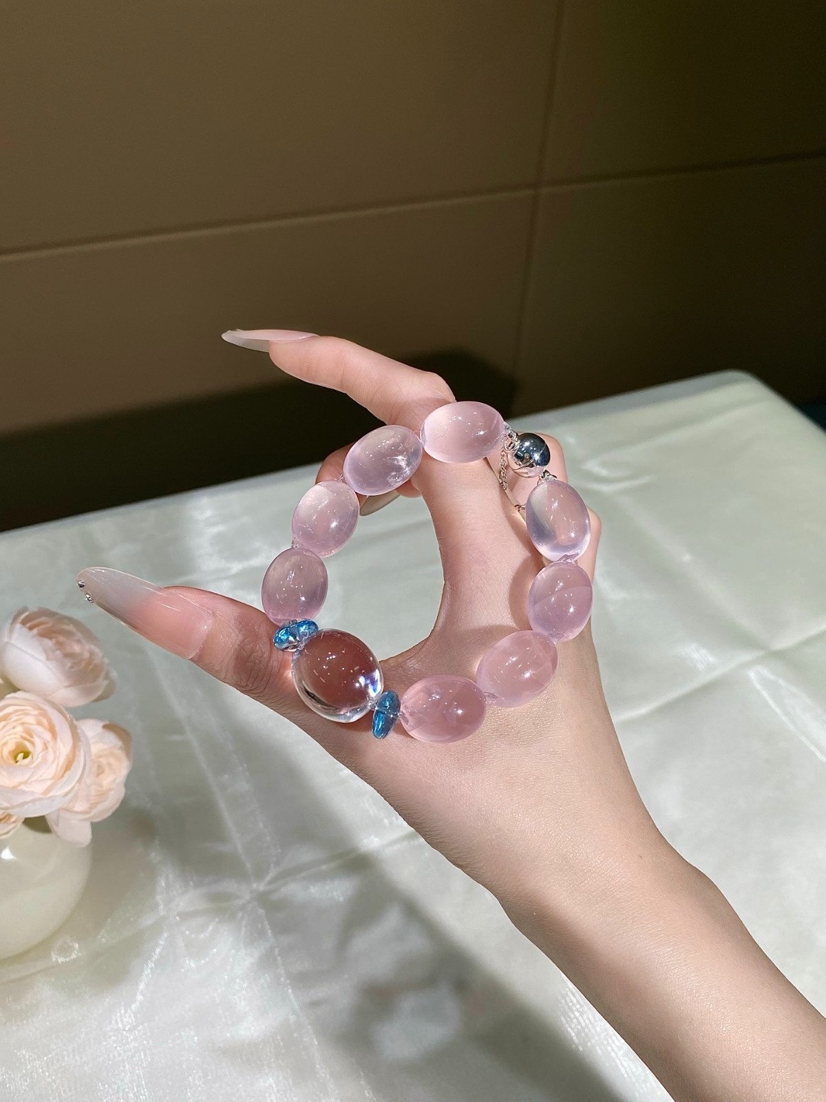 LUSA FEELA Natural Pink Crystal Topaz Beaded Stretch Bracelet Gift Box