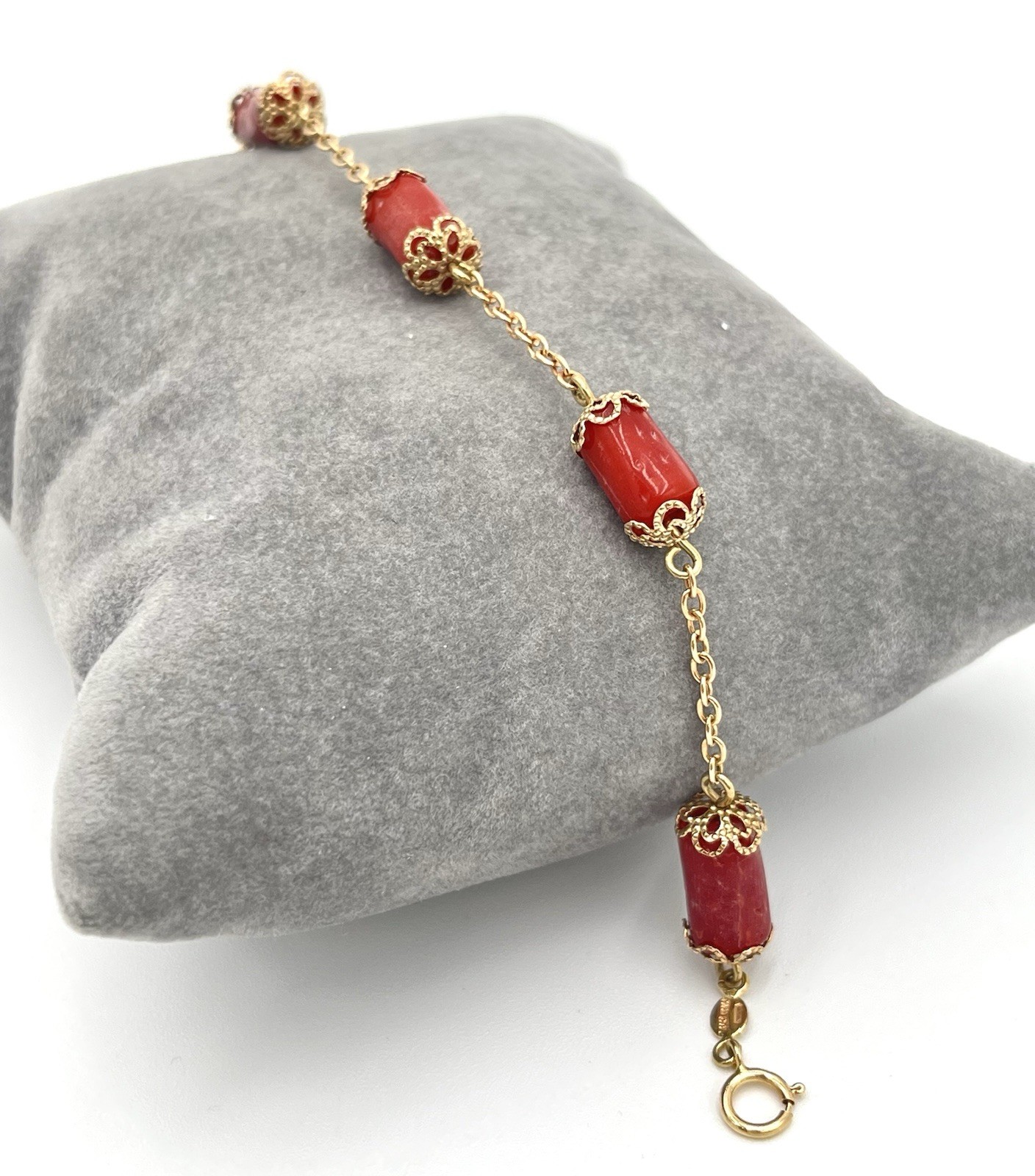 Handmade 14kt Gold Barrel Mediterranean Red Coral Bracelet