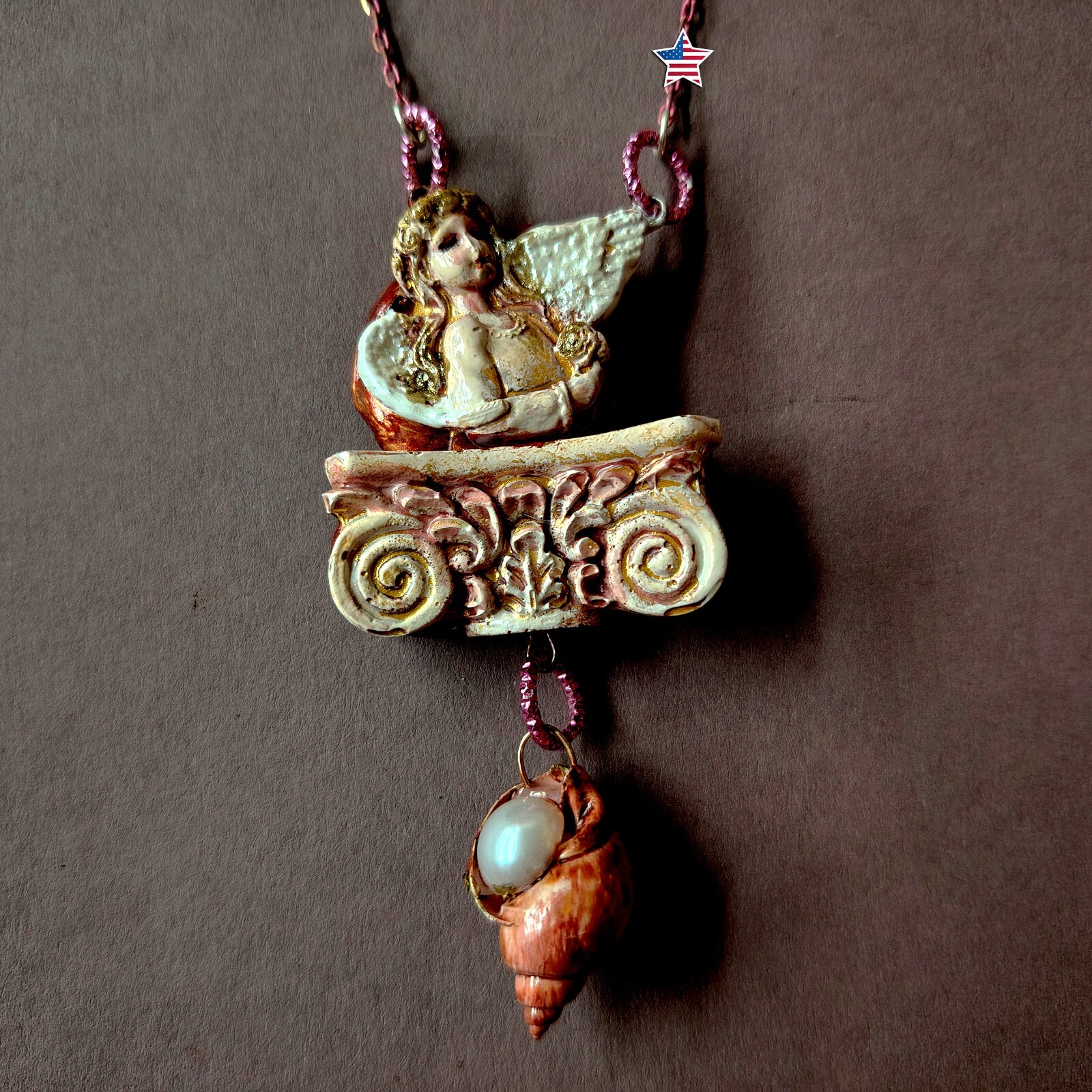 Necklace Winged Angel Cherub Talisman Baroque Pendant Amulet Shell Jewelry Charm