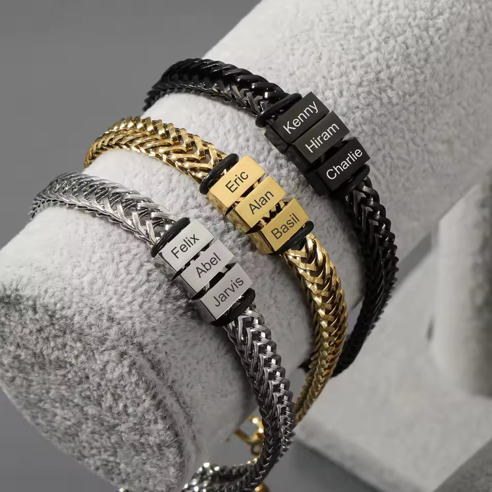 Personalized 1-5 Multiple Name Engraved Bracelet Custom Jewelry Chain Gold Black