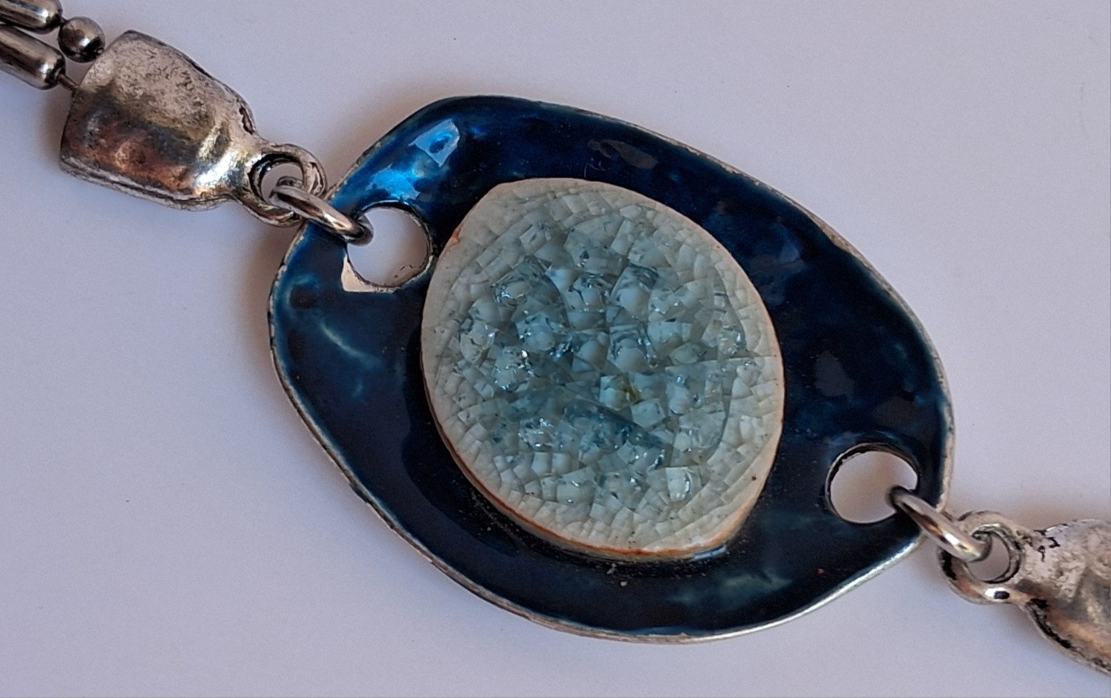 Modern Silver Tone Blue Glitter Stone Geometric Pendant Statement Necklace