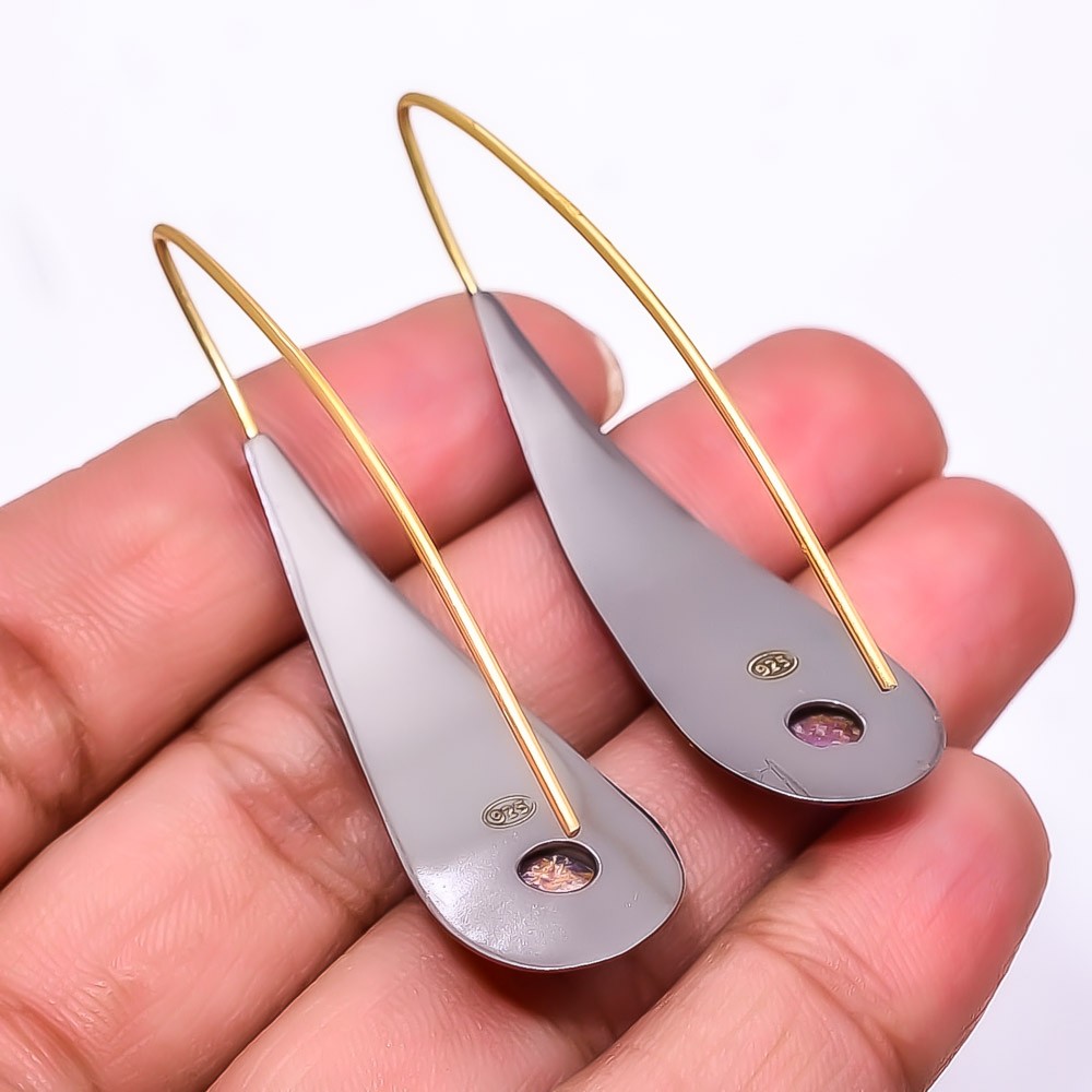 Copper Purple Turquoise 925 Silver Black&Gold Plated Handmade Earring 2.15″