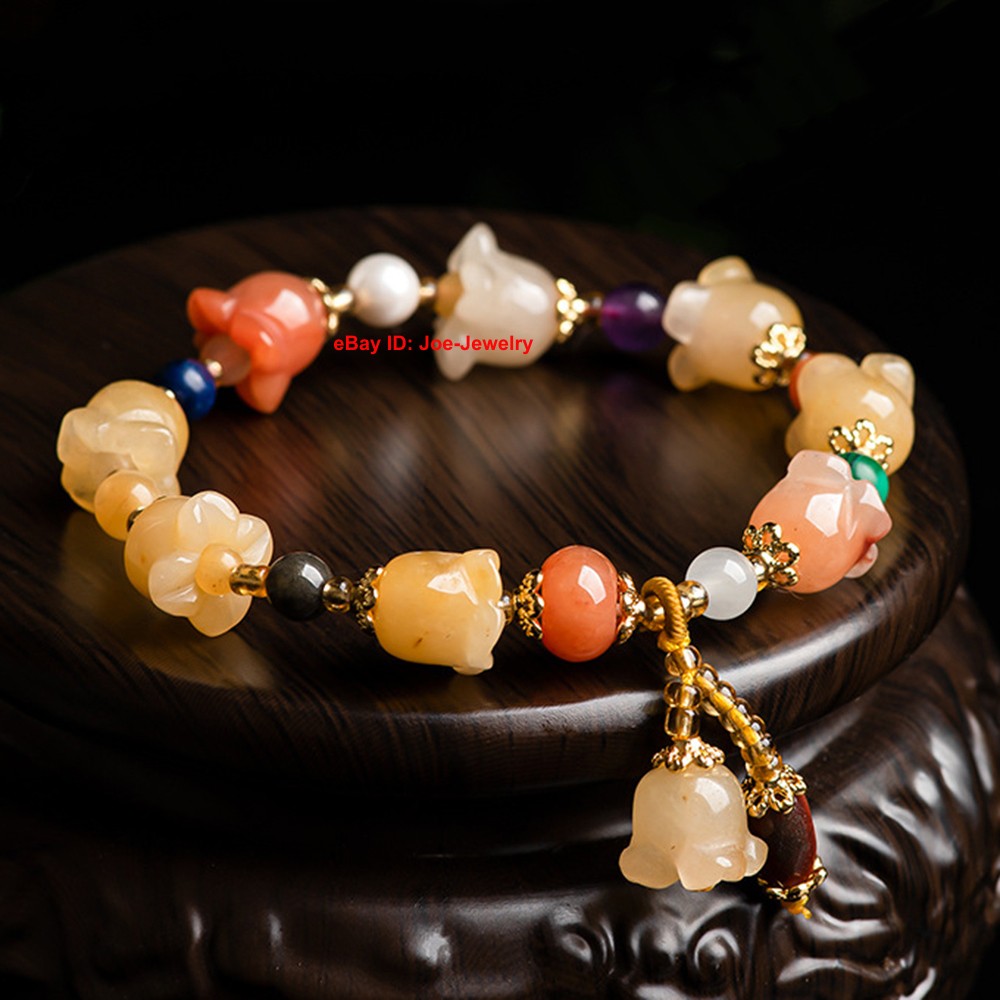 NEW Natural Chinese Jinsi Yu Jade Yellow Orchid Bead Stretch Bracelet 14-16cm