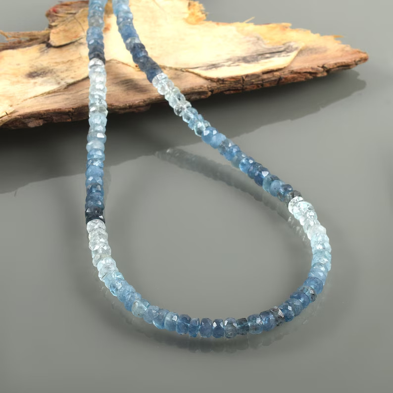 Natural Santa Maria Aquamarine 4mm Beaded Necklace 925 Silver Handmade Gift 18″