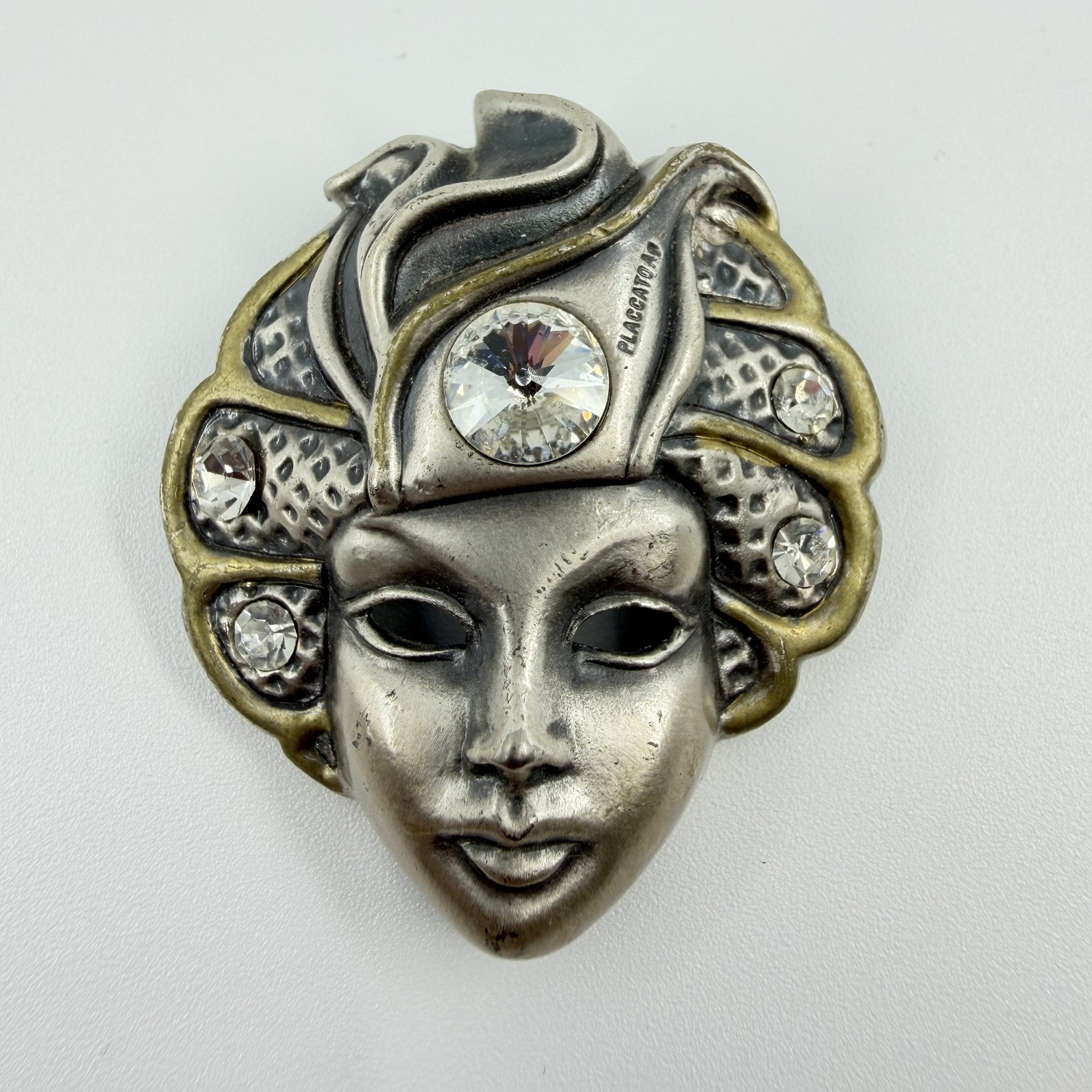 Rare Signed Placcato Ag Carnival Mask Pewter Vintage Rhinestone Brooch Pin