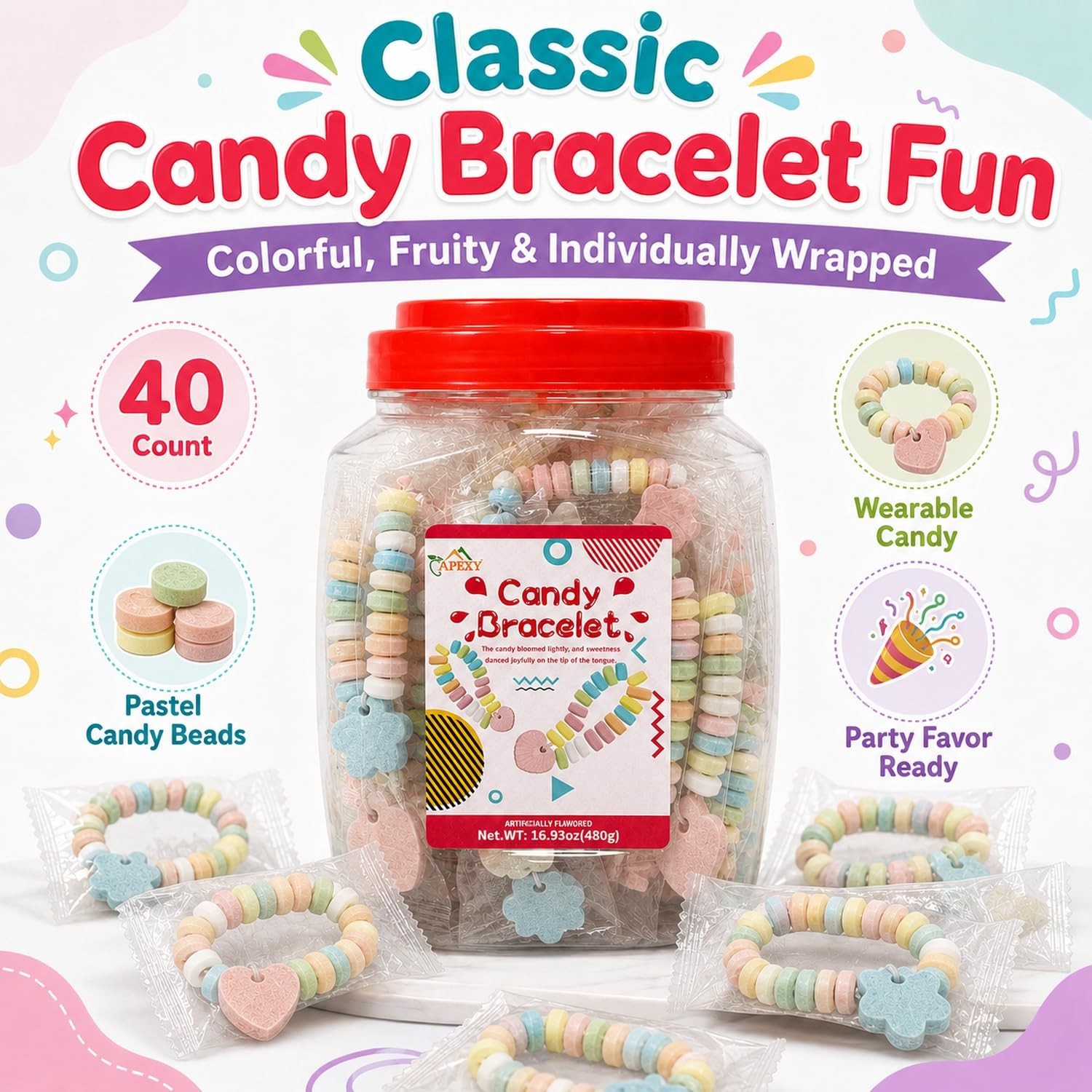 Mixed-Fruit Candy Bracelets – 40 Individually Wrapped for Halloween & Parties