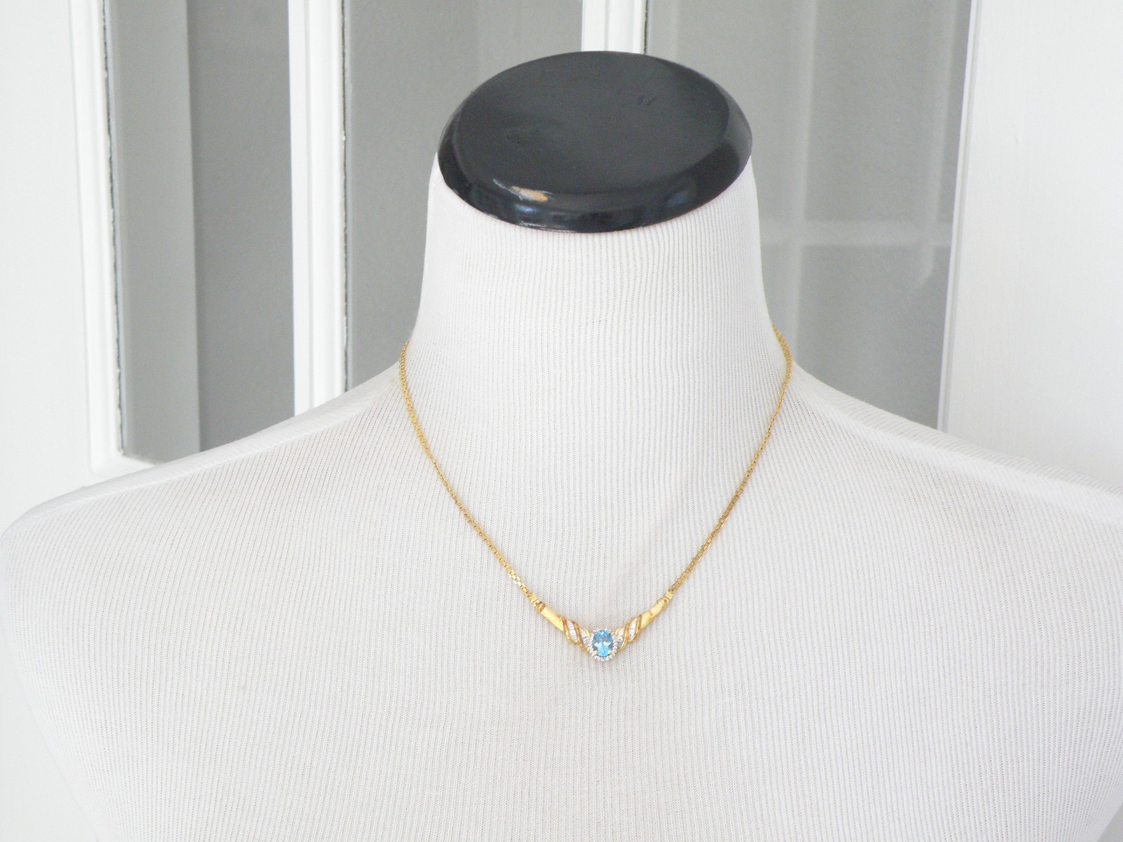 14K Gold on Sterling Silver 925 Natural Heated Blue Topaz Diamond Necklace 18″