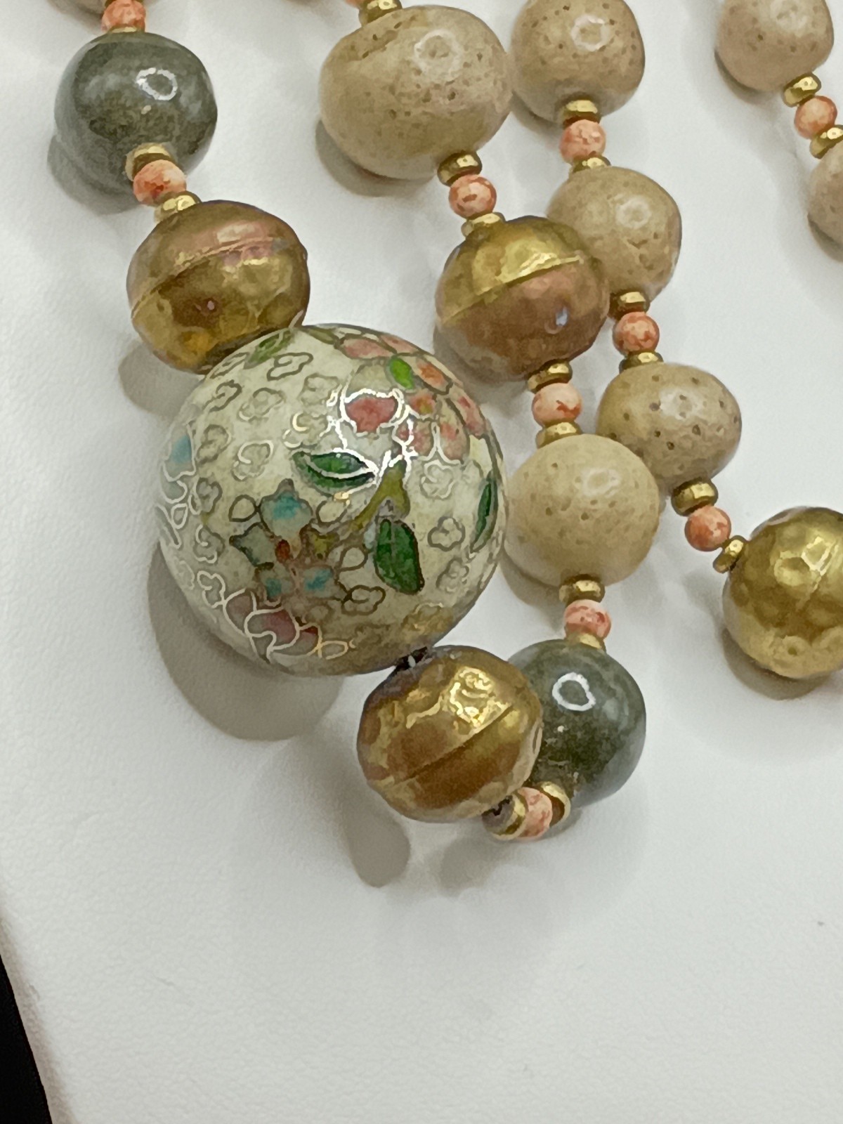 Vintage Chinese Export Cloisonne Floral Beaded Necklace Clay Brass 32” Long