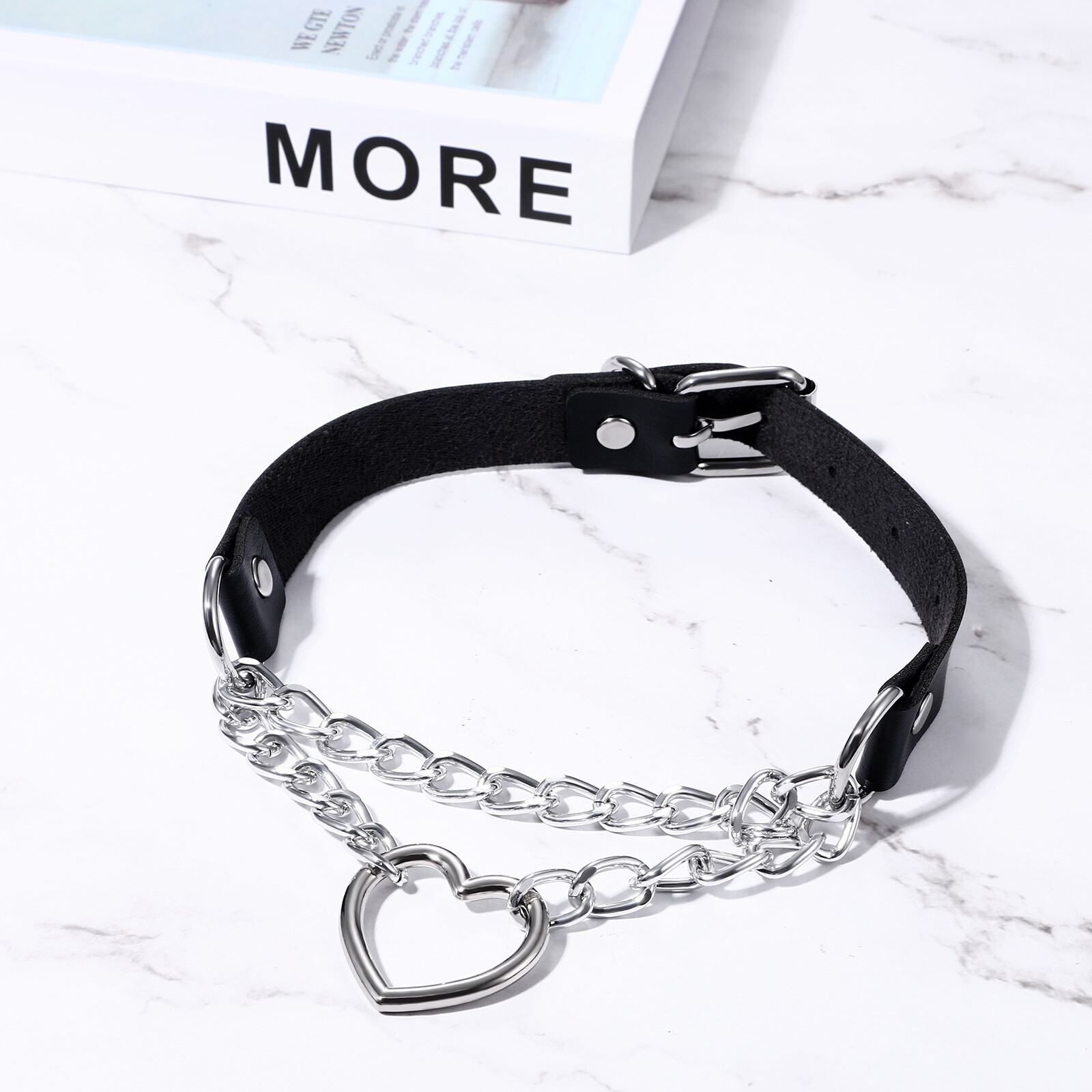 Women Girls Heart Ring Chain Leather Choker Punk Rock Collar Necklace Adjustable
