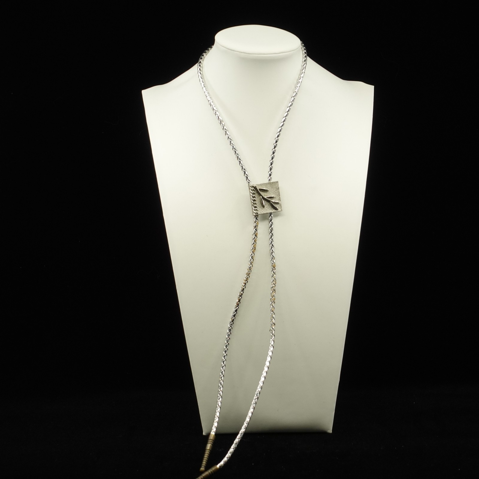 Bolo Tie | 70s Sterling Silver Square with Textured Olive Branch