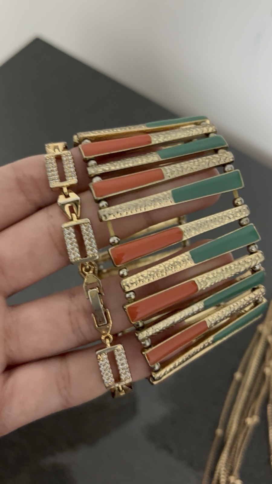 Gold Tone Layered Cable Chain Necklace Multicolor Bar Charm Lobster Boho