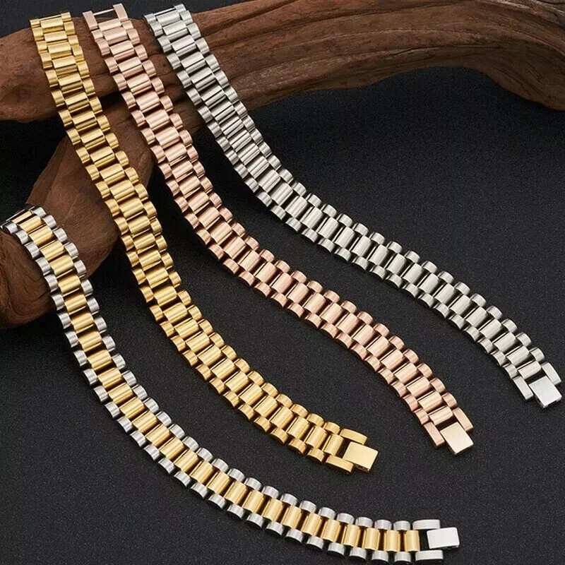 15MM Wide 8/8.86‘’ Watch Chain Wristband Bracelet Gold Plated Stainless Steel
