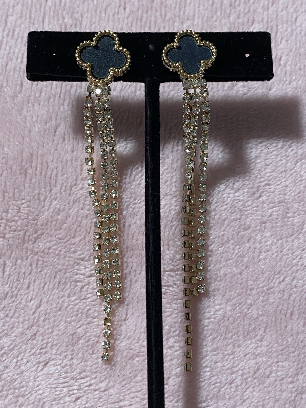 Gold /Black Clover Tone Drop/Dangling Tassel Clear Rhinestones Earrings NWT