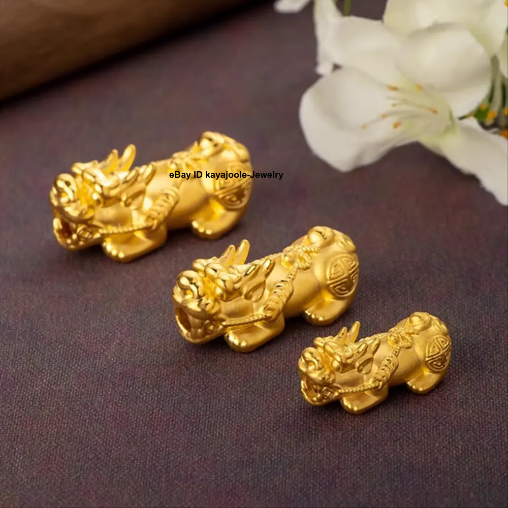 Fine Pure 24K 999 Yellow Gold 3D Wealth Dragon Pixiu Bead Pendant 6-24mm