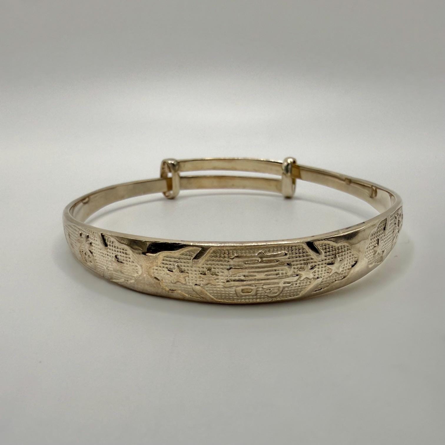 Chinese 925 Sterling Silver Adjustable Engraved Bangle Bracelet