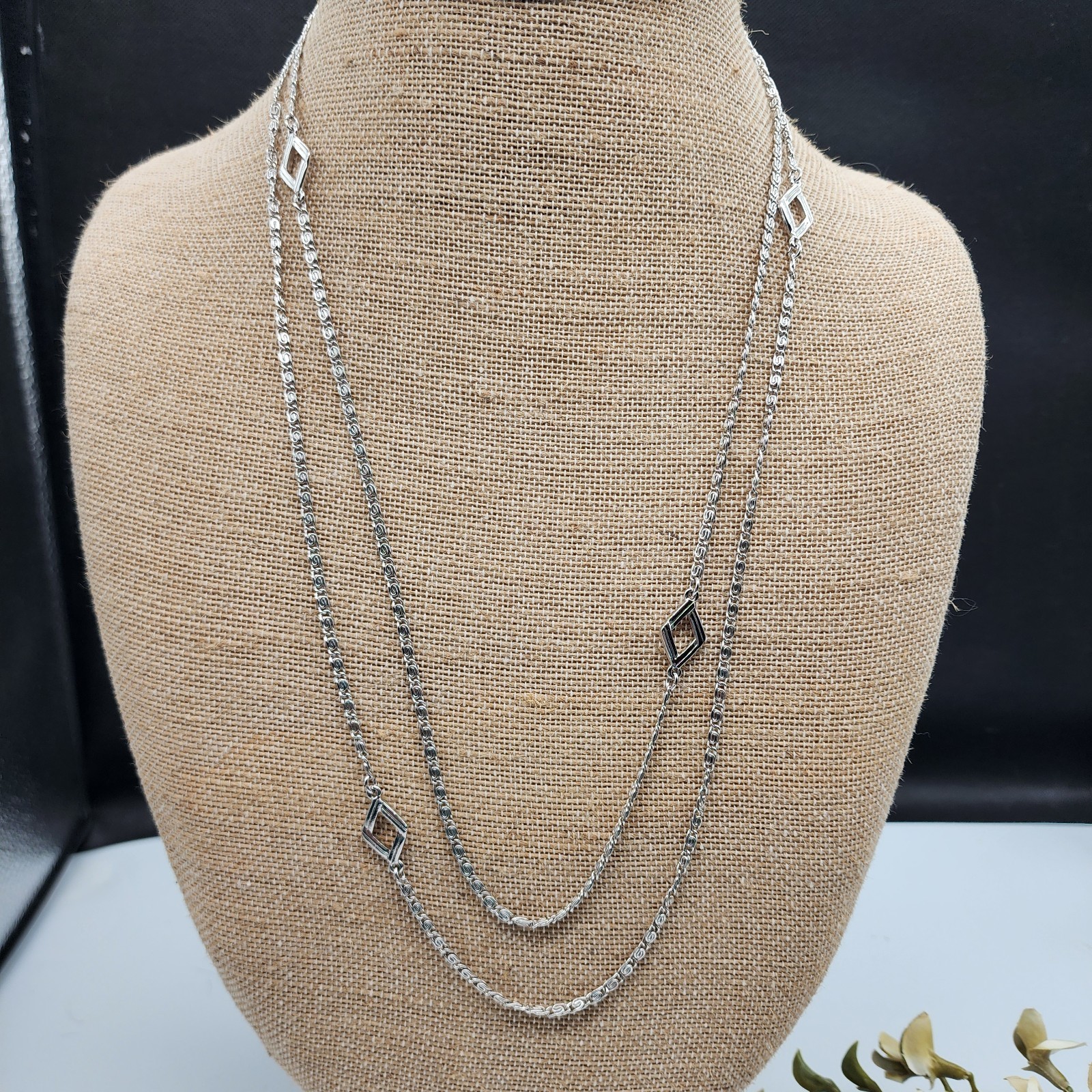 Vintage Monet Greek Key Link Chain Necklace Silver Tone Fancy Meander Link 56in