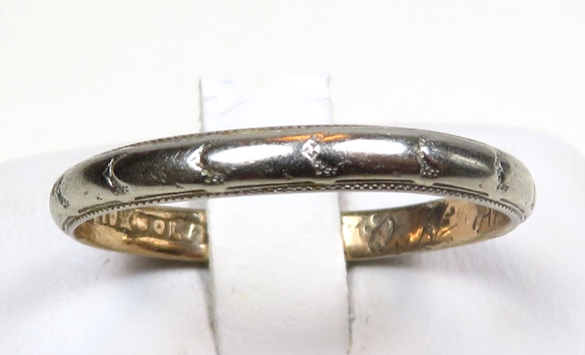 Edwardian 1915 18K White Yellow Wedding Band Unisex Ring Size 9 UK-R1/2 2.68MM