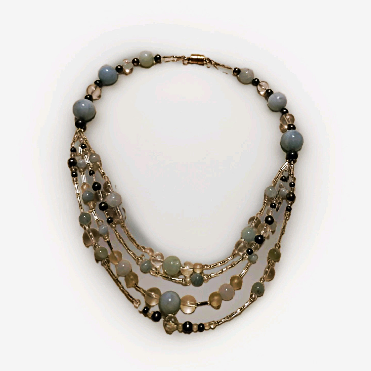 Multi-Strand Layered Blue & Clear Glass Beaded Necklace Silver Barrel Mag. Clasp