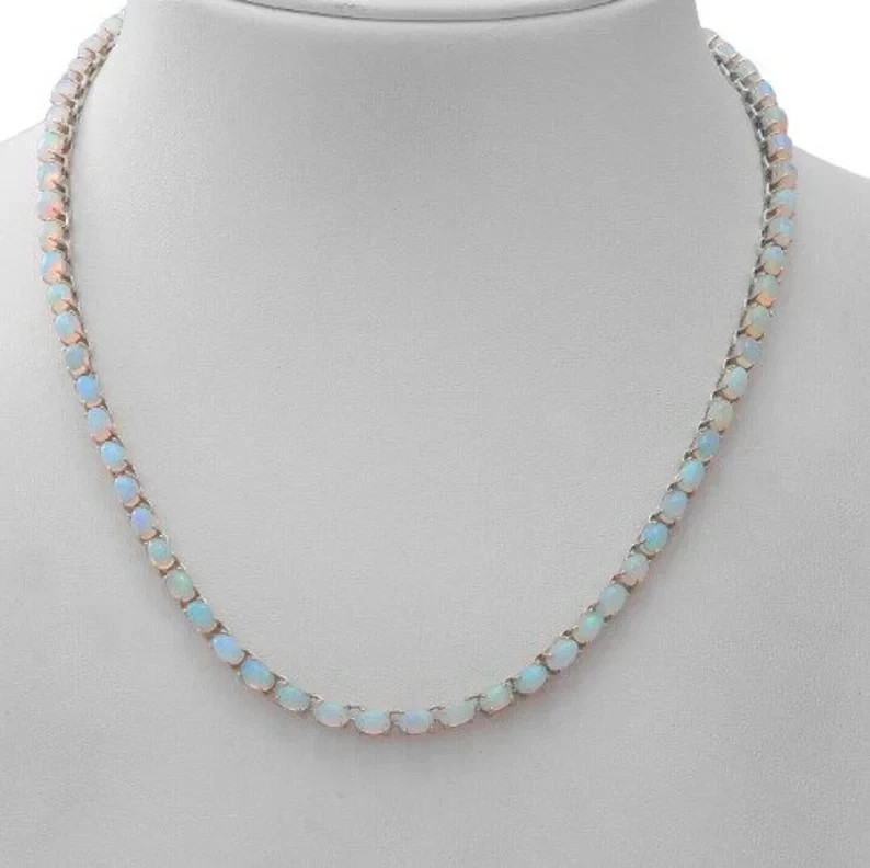 15CT Oval Cut Lab Created Fire Opal Women Tennis Necklace 14K White Gold Plated