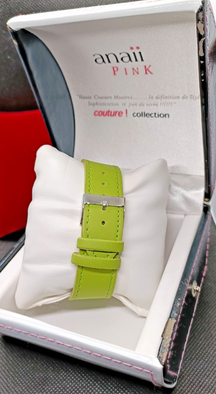 ANAII PINK Ladies Green Strap Square Case Quartz Watch – VGC & Working