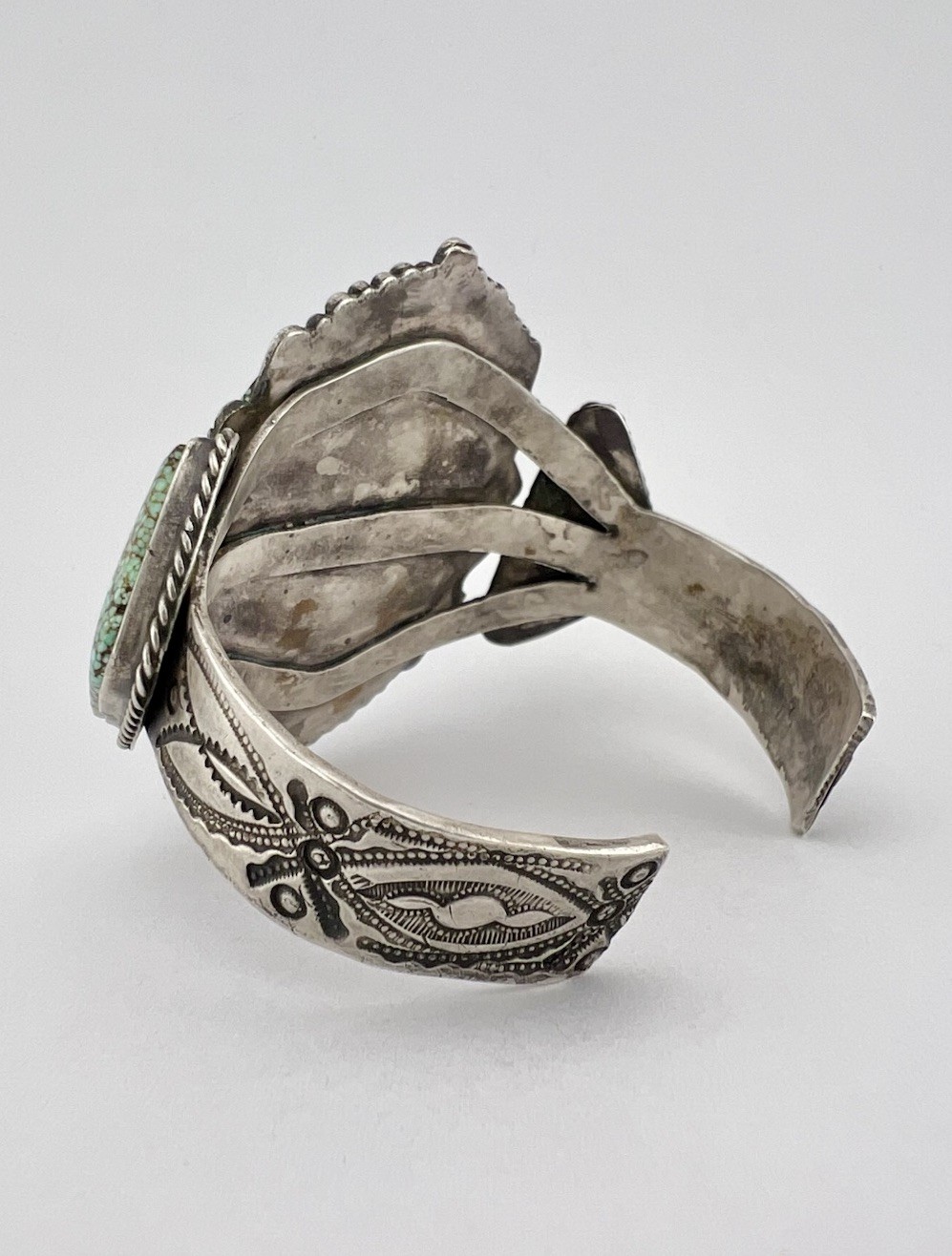 Fred Harvey Navajo Sterling Silver Spiderweb #8 Turquoise Stamped Cuff Bracelet