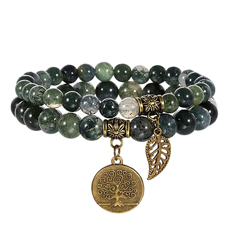 2Pcs Tiger Eye Beaded Bracelets Set Tree of Life Leaf Pendant Men Women Bangle