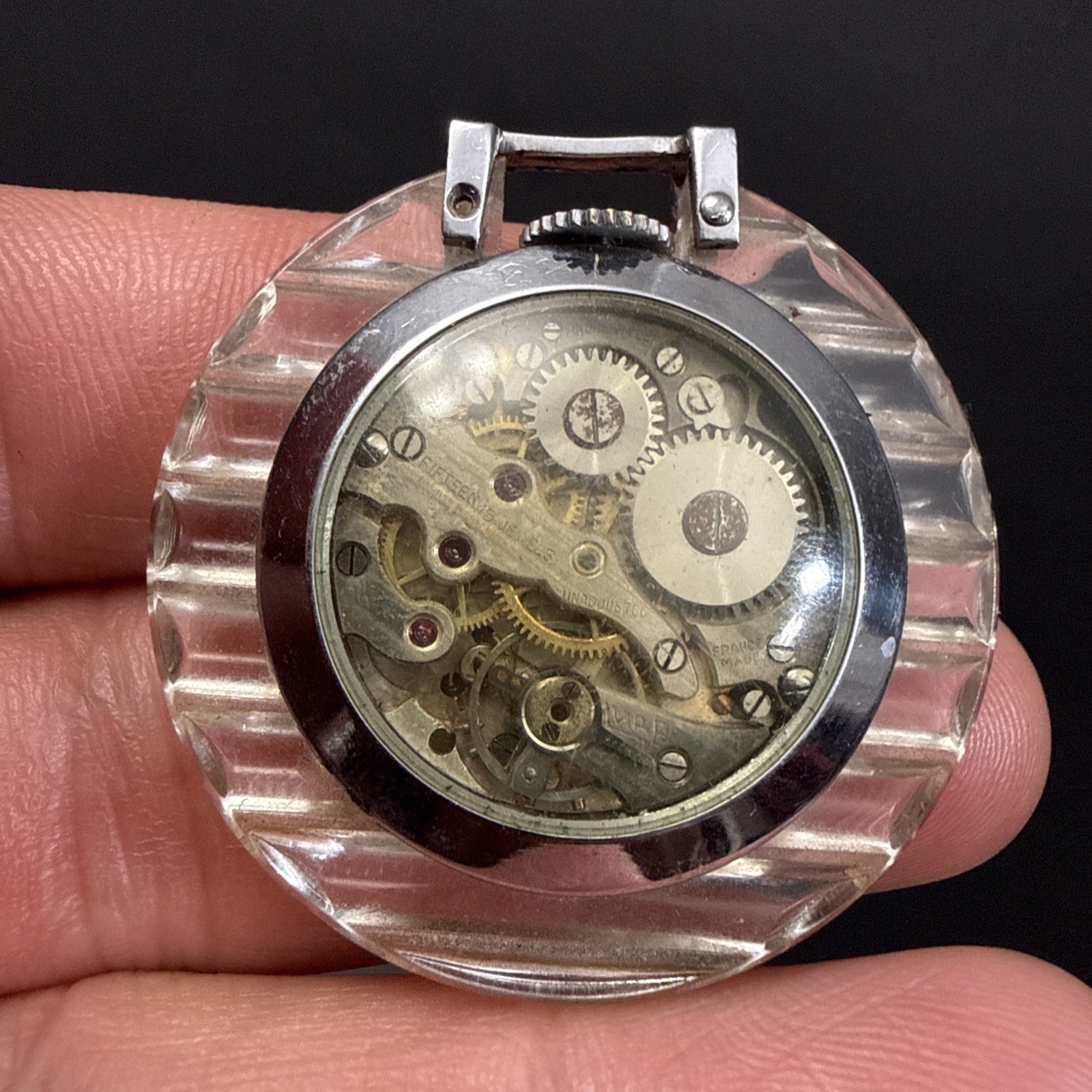 RARE! Art Deco Lucite Case ANDRE WYLER 15J Pendant Watch, Made In France-RUNS