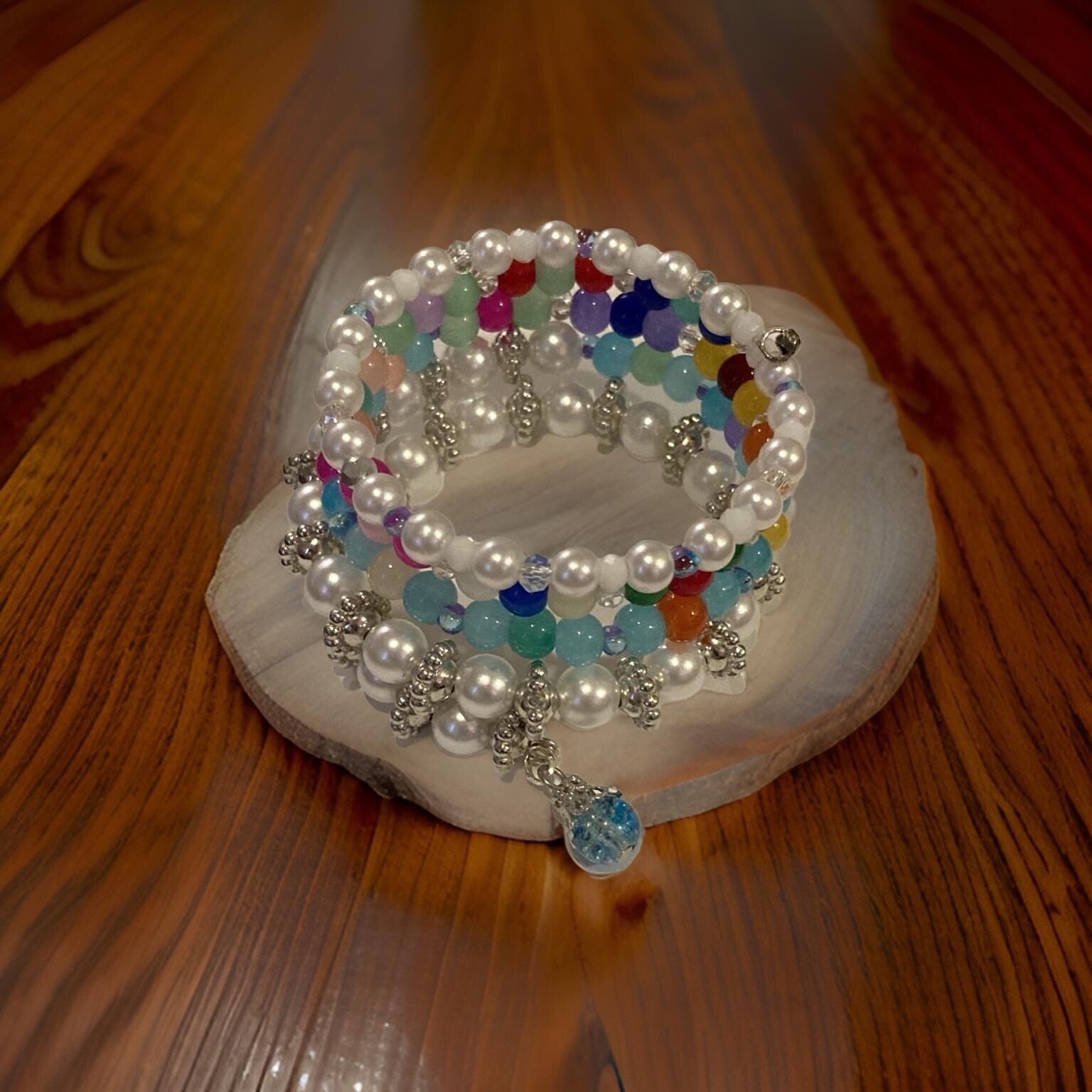 White pearl multicolor 8mm glass beads handmade Wrap Bracelet