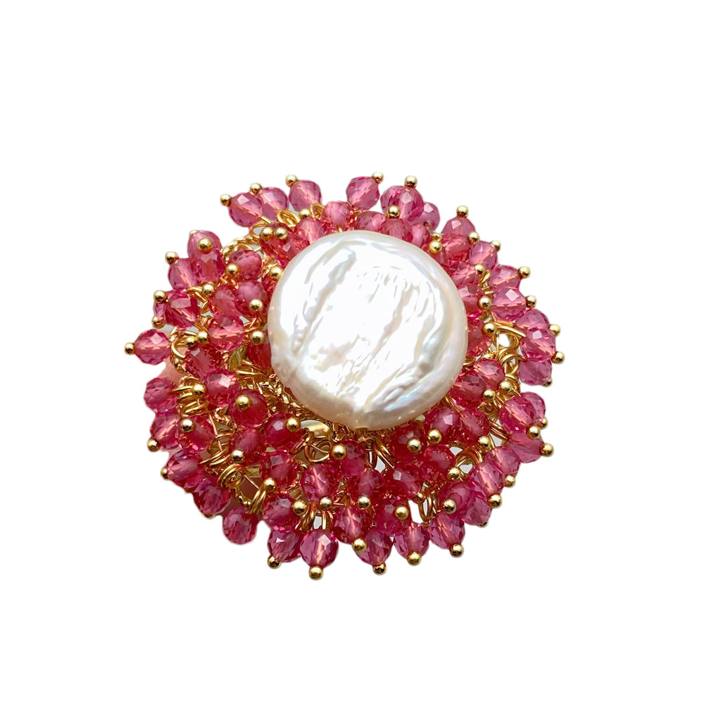 Pink Crystal White Coin Pearl Finger Rings Cocktail Adjustable Gold Tone Ring
