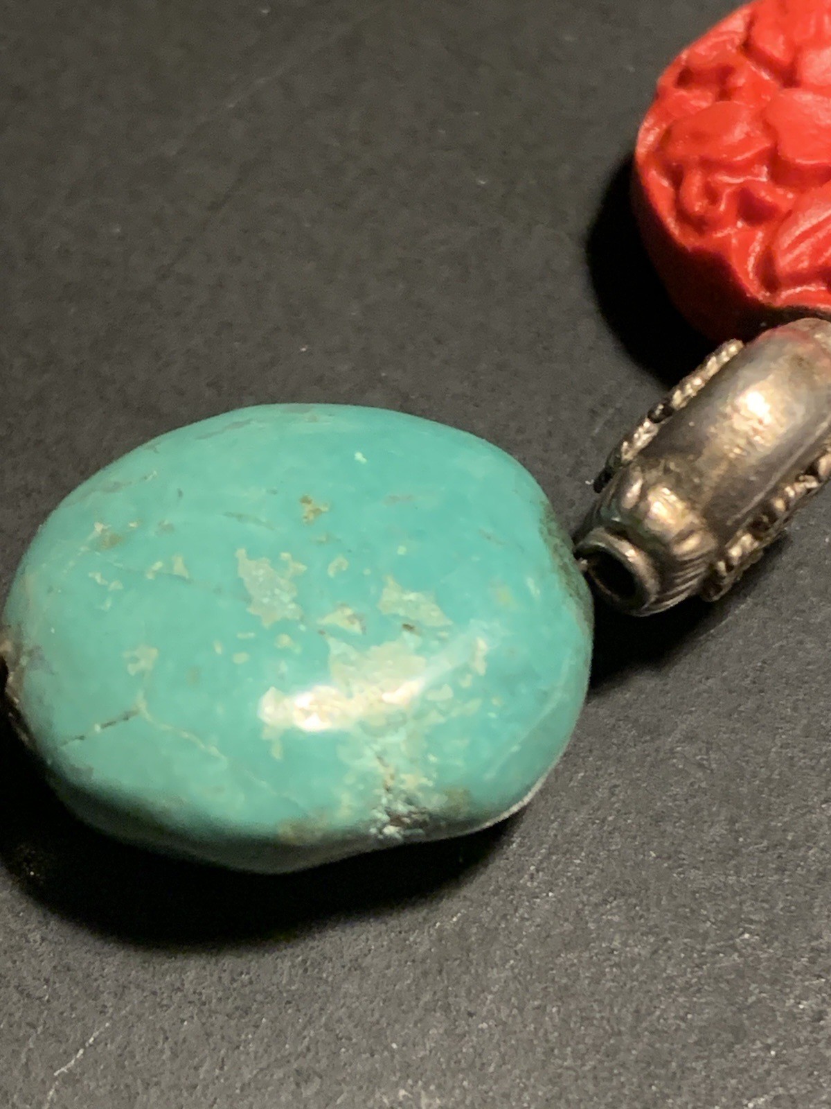 Turquoise & Carved Coral or Red Colored Bead Bracelet