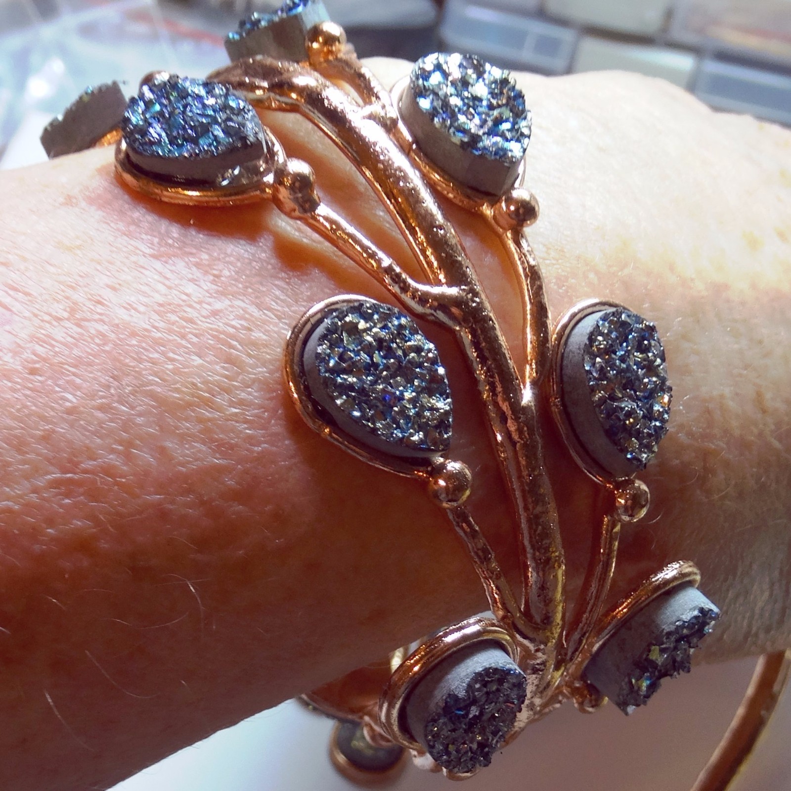 ONE of a KIND Blue Druzy STATEMENT Necklace Earrings & Bracelet Set ROSE GOLD