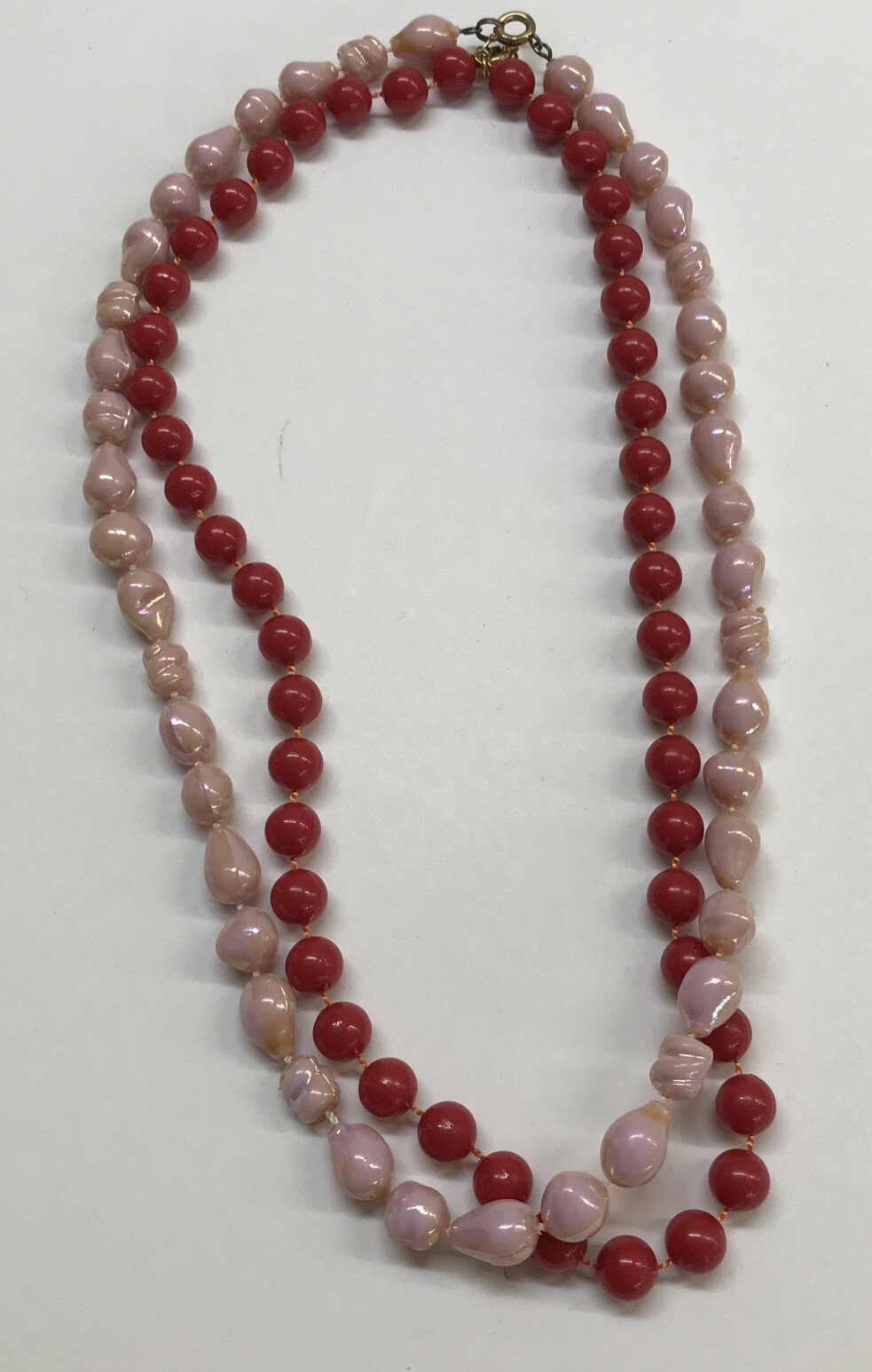 Vintage Set of 2 19″ Strand String Necklace Pink Shell Look and Red