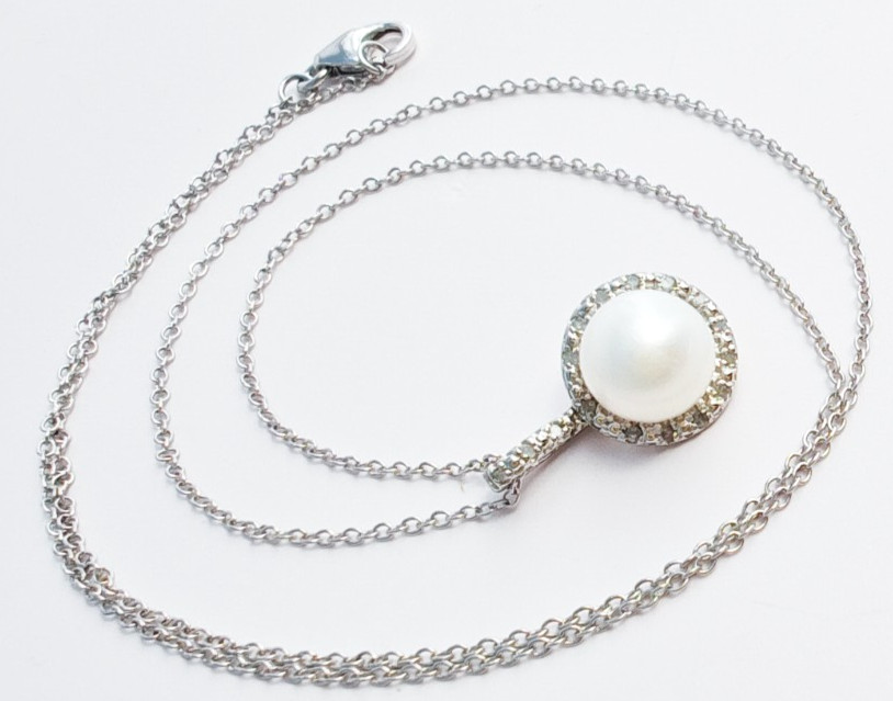 925 Silver Pearl & Genuine Diamond Pendant Necklace • 8mm • 18″ Chain • 2.80g