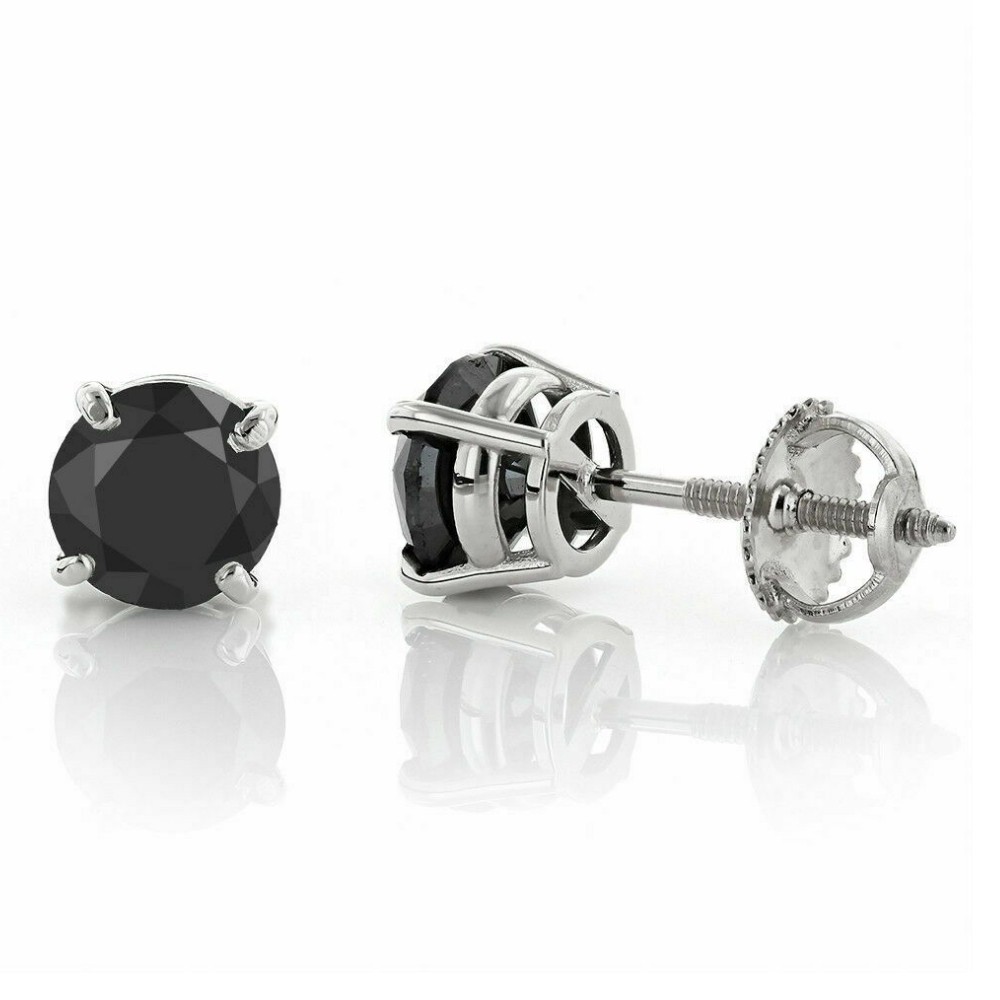 2 1/2ct Black Diamond Screw Back Studs Womens Earrings 14K White Gold