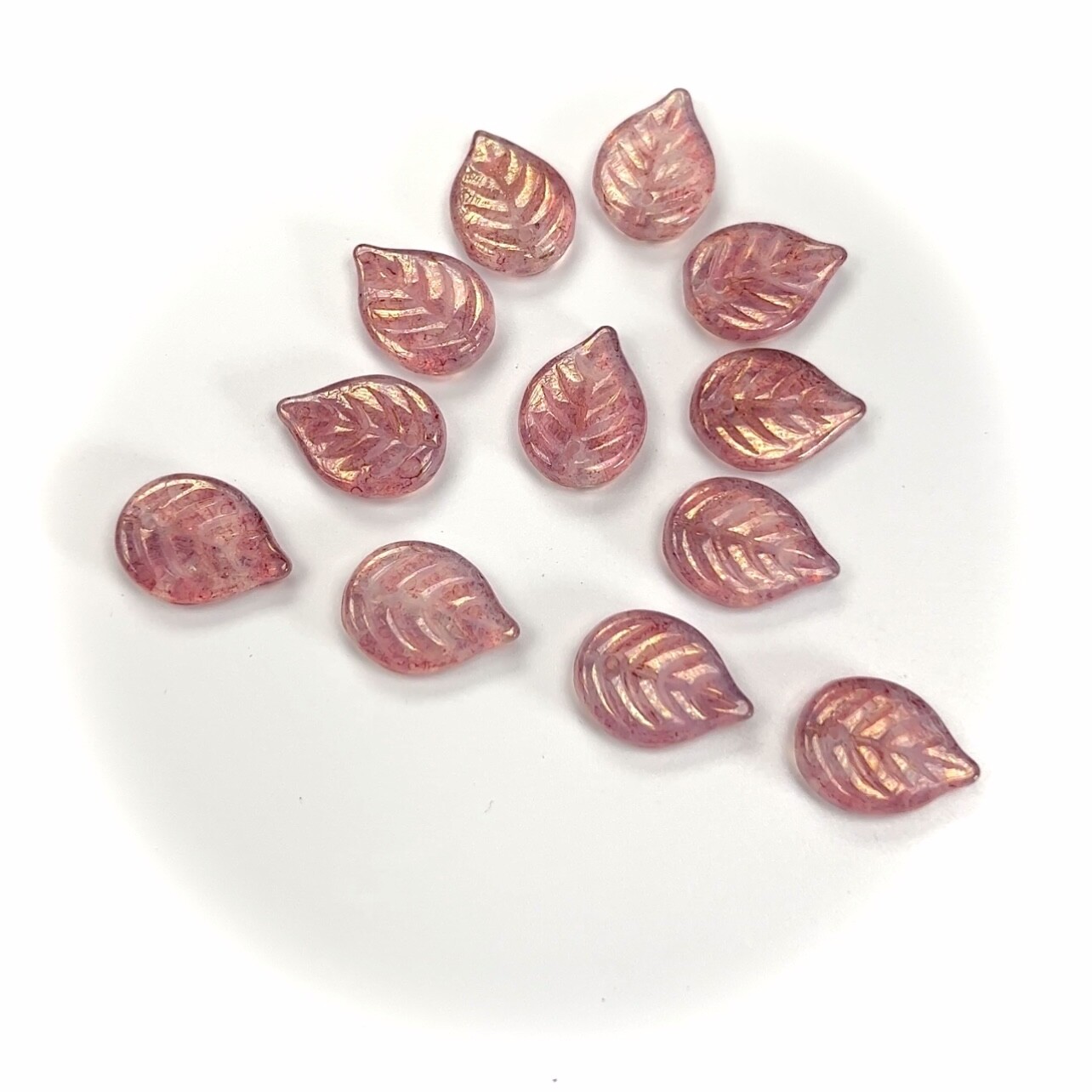 Czech Glass Druk Pendant Beads 18x13mm, top drilled Leaf, White Opal Red Lust,50