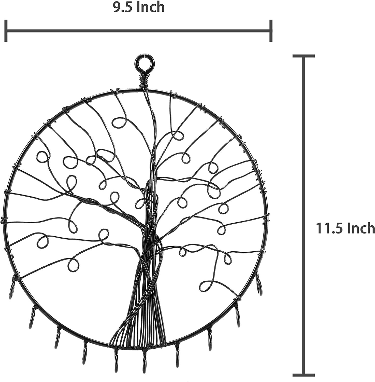 Wall Hanging Round Black Metal Tree Silhouette Jewelry Display Holder, w/ Hooks