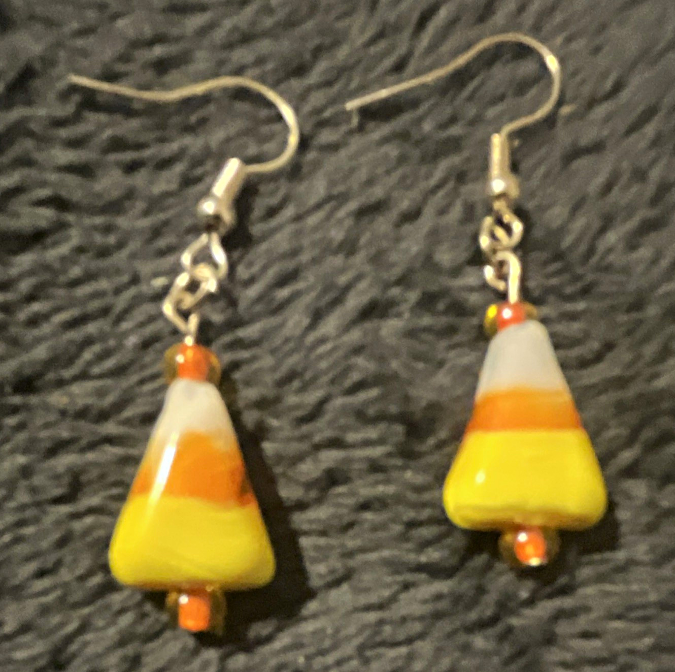 Candy Corn Dangle Drop Earrings Plastic Hook Halloween Yellow Orange White Lobe