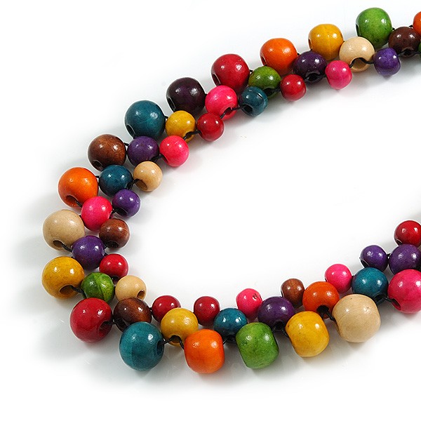 Long Multicoloured Cluster Wood Beaded Necklace – 82cm Long