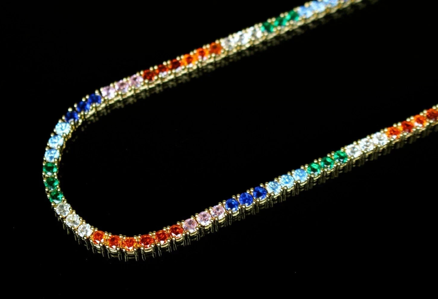 4mm RAINBOW Sapphire 70ctw Lab Sim Diamond Chain Necklace Heavy 40g