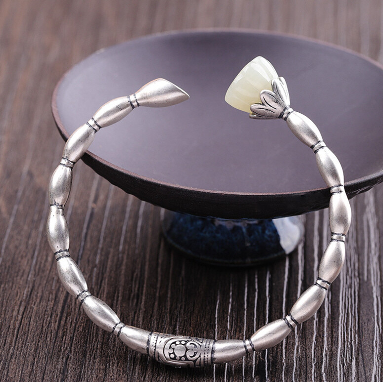 I03 Silver 925 Rice Grain Effect Lotus Flower White Jade Bangle Bracelet
