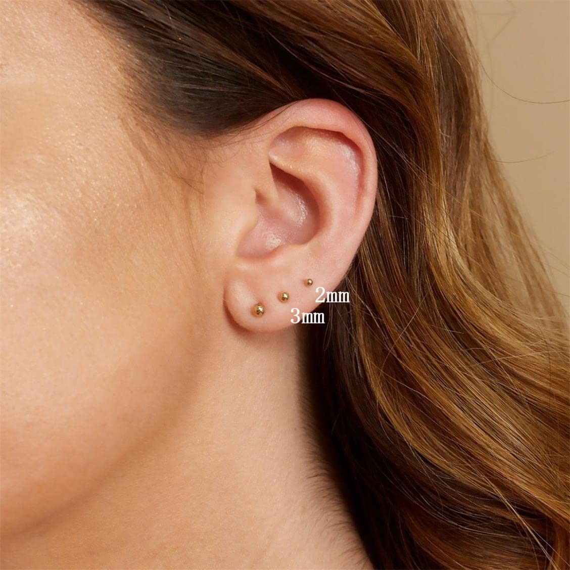 12Pcs 2MM Tiny Ball Stud Earrings, 20G Hypoallergenic Surgical Steel Small Gold