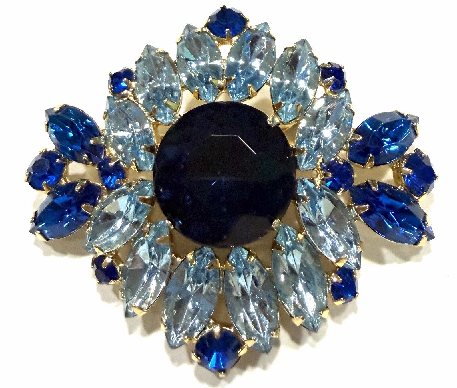 Stunning Brooch Pin Clip Earring Set 2 Toned Blue Rhinestones True Beauty