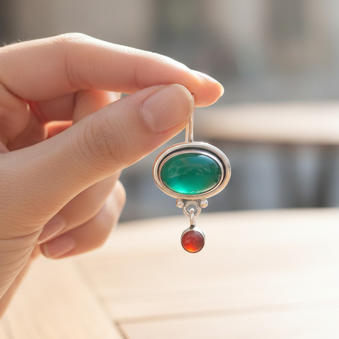 925 Sterling Silver Handmade Earrings Natural Green Onyx Carnelian Stone Earring