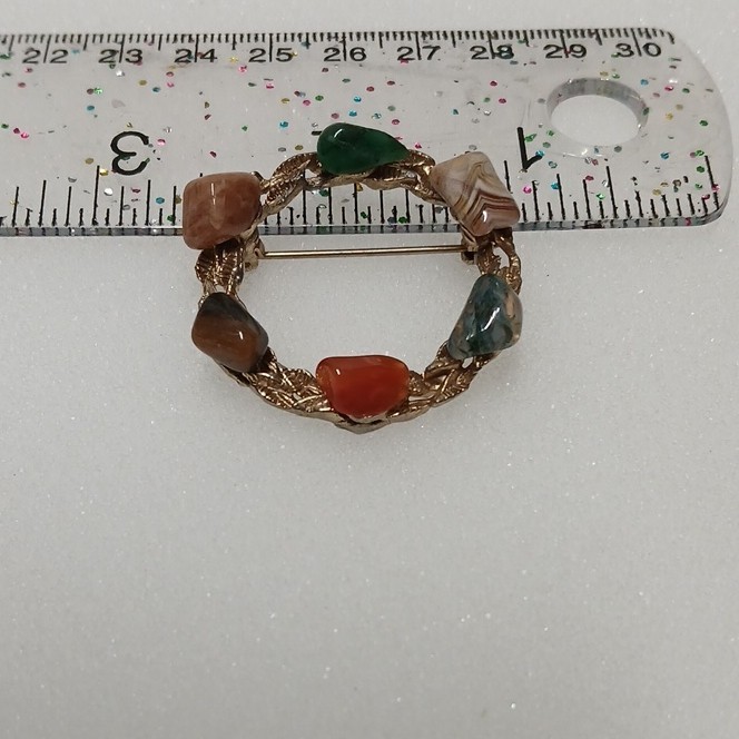 Gold Tone Wreath Circle Brooch Pin Signed 1in 6 Multicolor Cabochon Stones