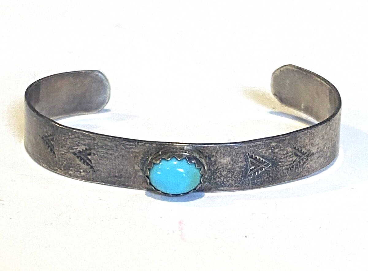 Fred Harvey NATIVE NAVAJO GERALDINE GOAT TURQUOISE STERLING Stamp Cuff Bracelet