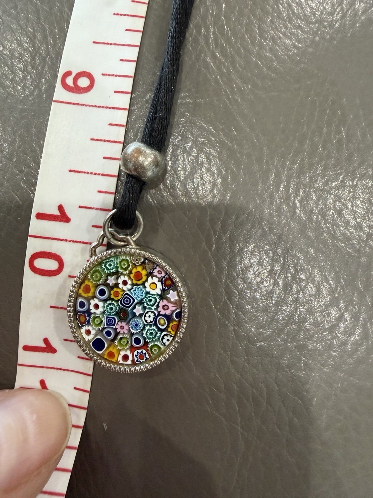 Silver Millefiori Flower Glass Pendant Green Red Yellow