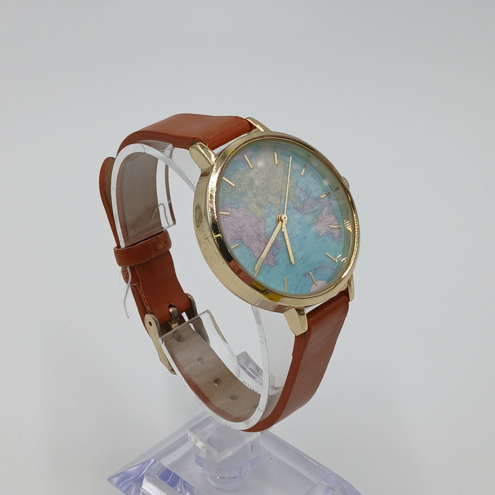 World Map Dial Watch Brown Leather 8in Strap Gold Tone Quartz Japan New Battery