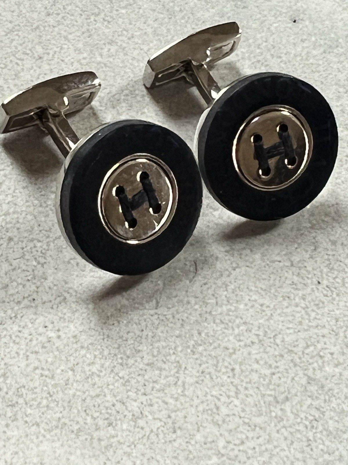 Hackett London men’s cufflinks British menswear black with H logo black & silver