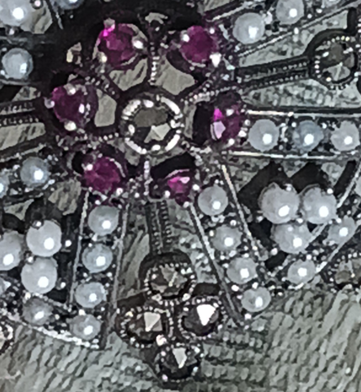 Antique Sterling Maltese Brooch Rubies, Marcasites, Seed Pearls